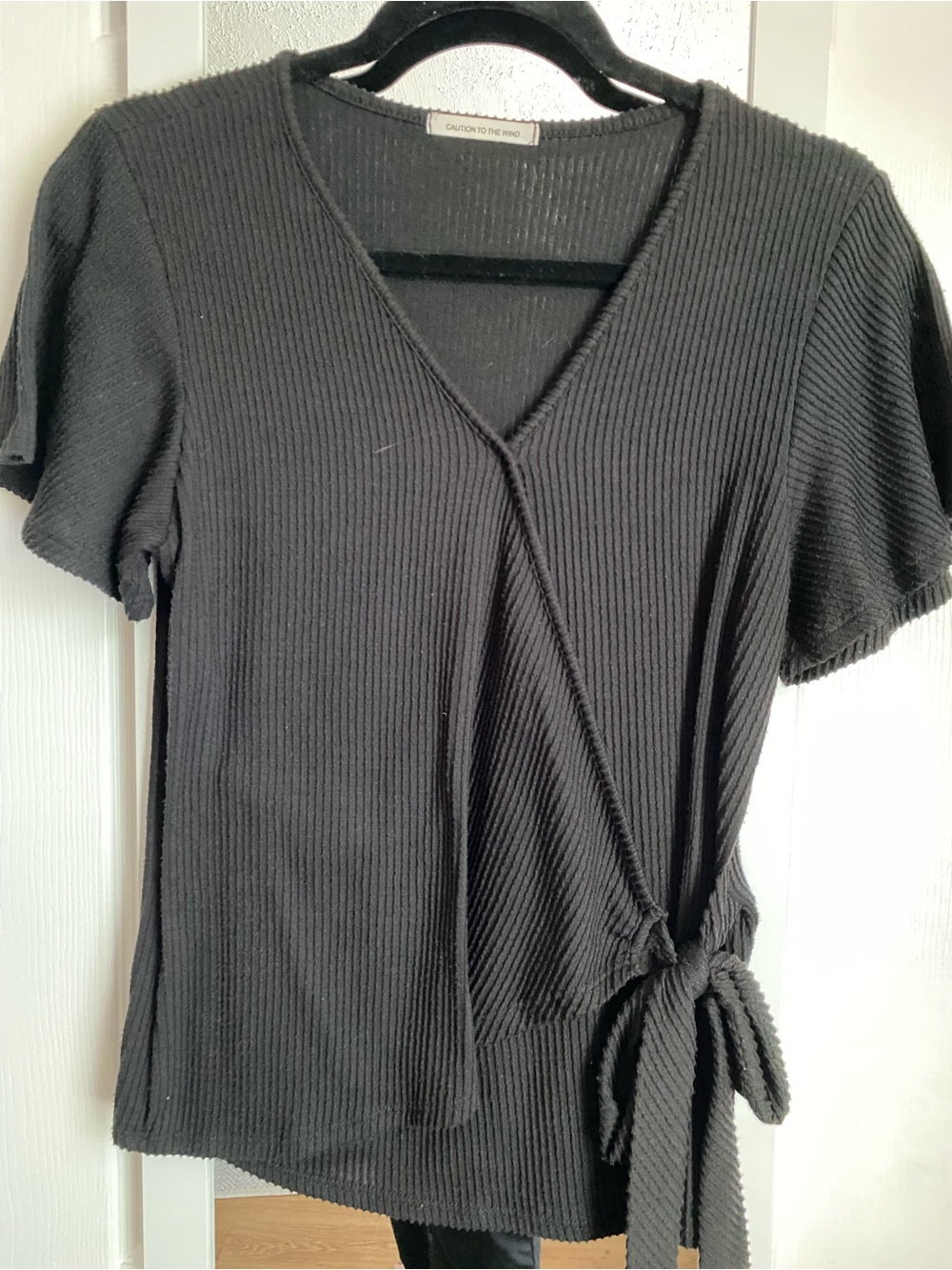 Caution To The Wind Black Ribbed Side-Tie Wrap Top